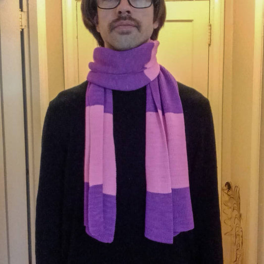 Person wearing a purple and pink striped scarf in front of a door.
