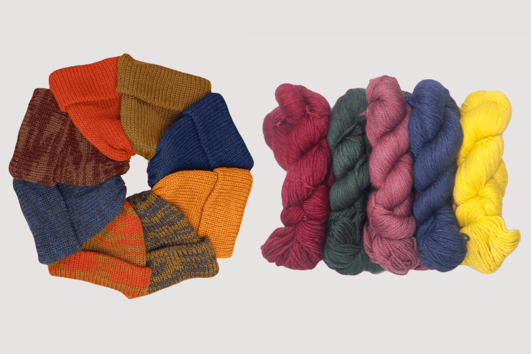 Colorful alpaca beanies and yarn