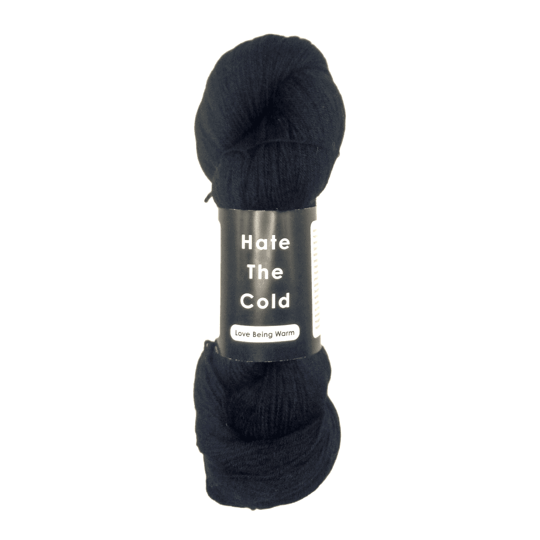 Black skein of yarn with a label on a white background