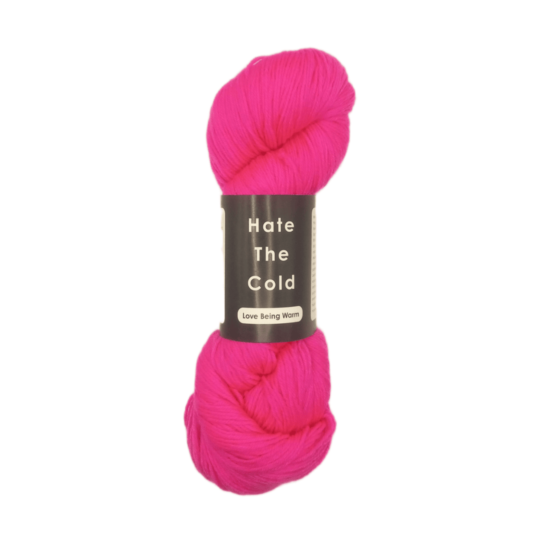 Fluorescent pink skein of yarn with a label on a white background