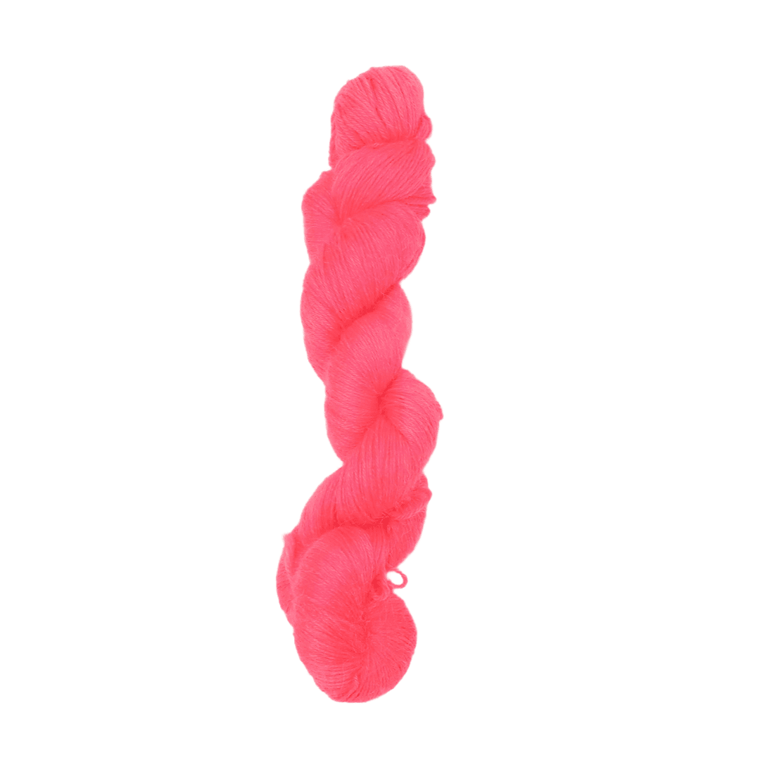 A skein of fluorescent red fingering weight alpaca yarn