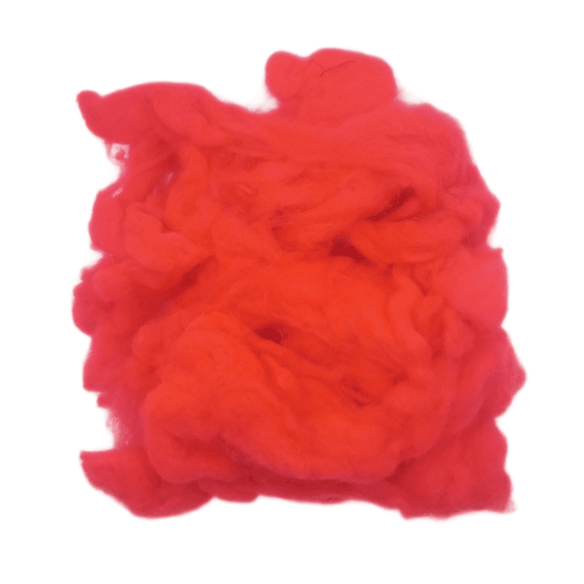 Fluorescent red wool roving on a white background