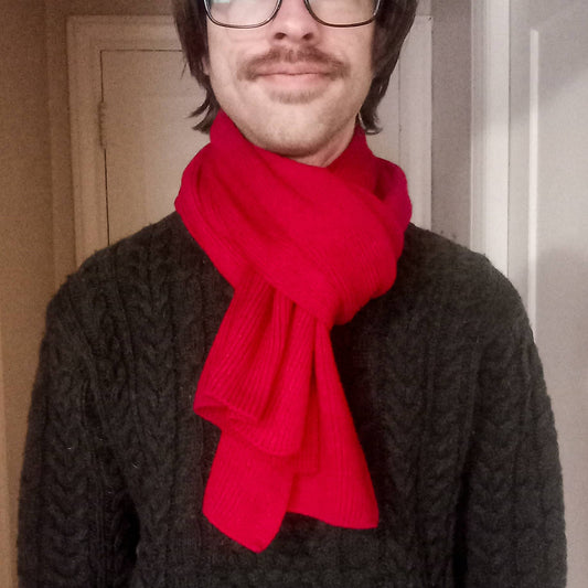 Person wearing a red scarf and dark sweater indoors