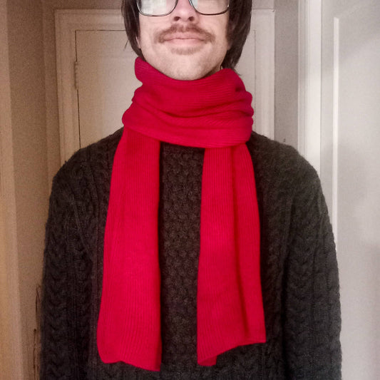 Person wearing a red scarf and dark sweater indoors