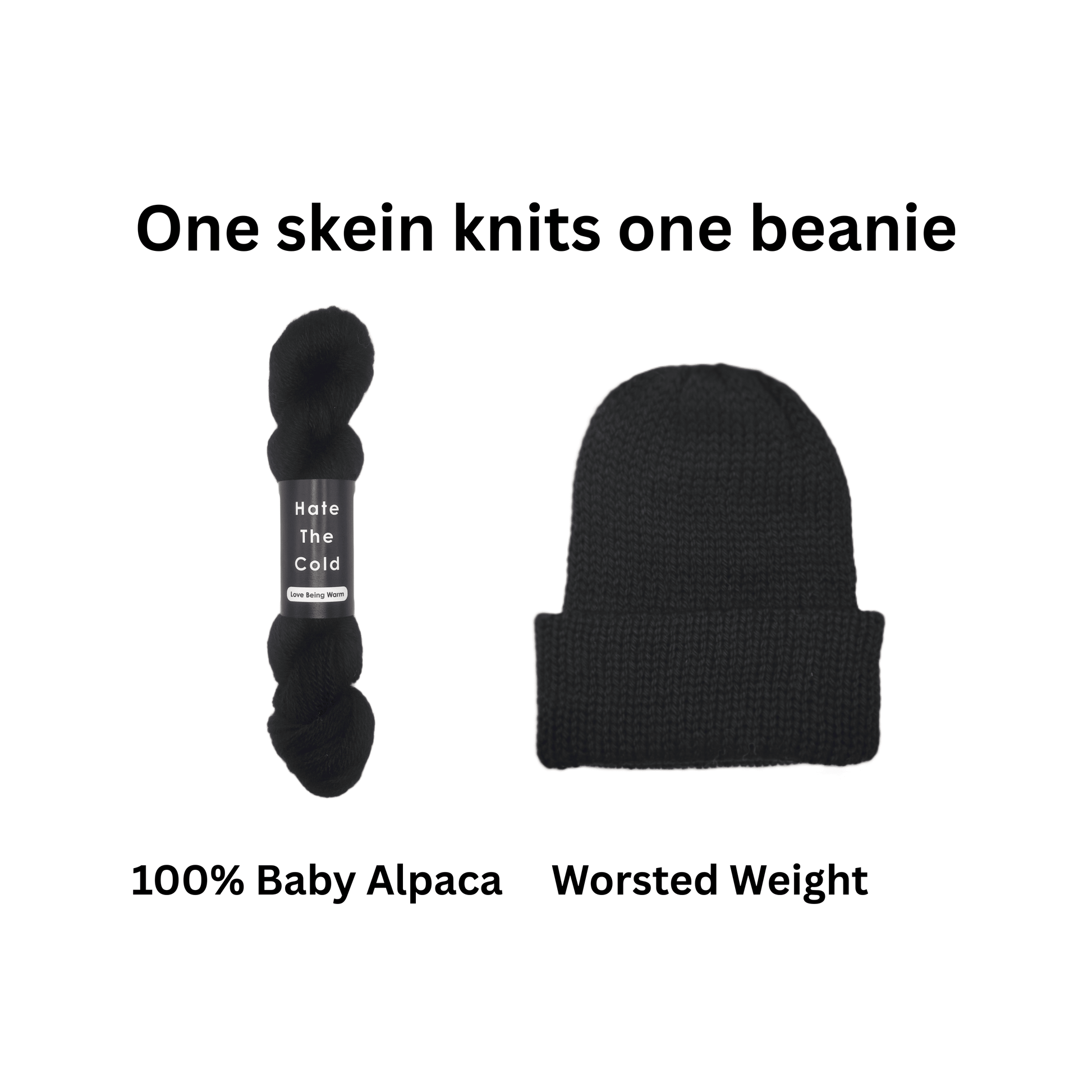 Black baby alpaca yarn skein and a knitted black beanie on a white background with text reading 'One skein knits one beanie', '100% Baby Alpaca', and 'Worsted Weight'.