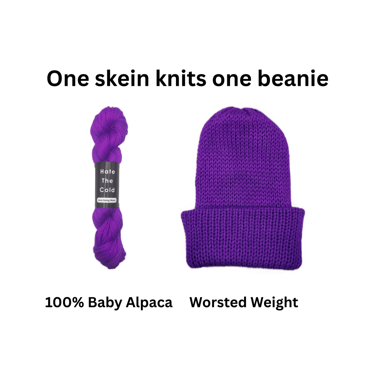 A purple knitted beanie shown next to a skein of matching yarn on a white background, with text reading 'One skein knits one beanie,' '100% Baby Alpaca,' and 'Worsted Weight.'.