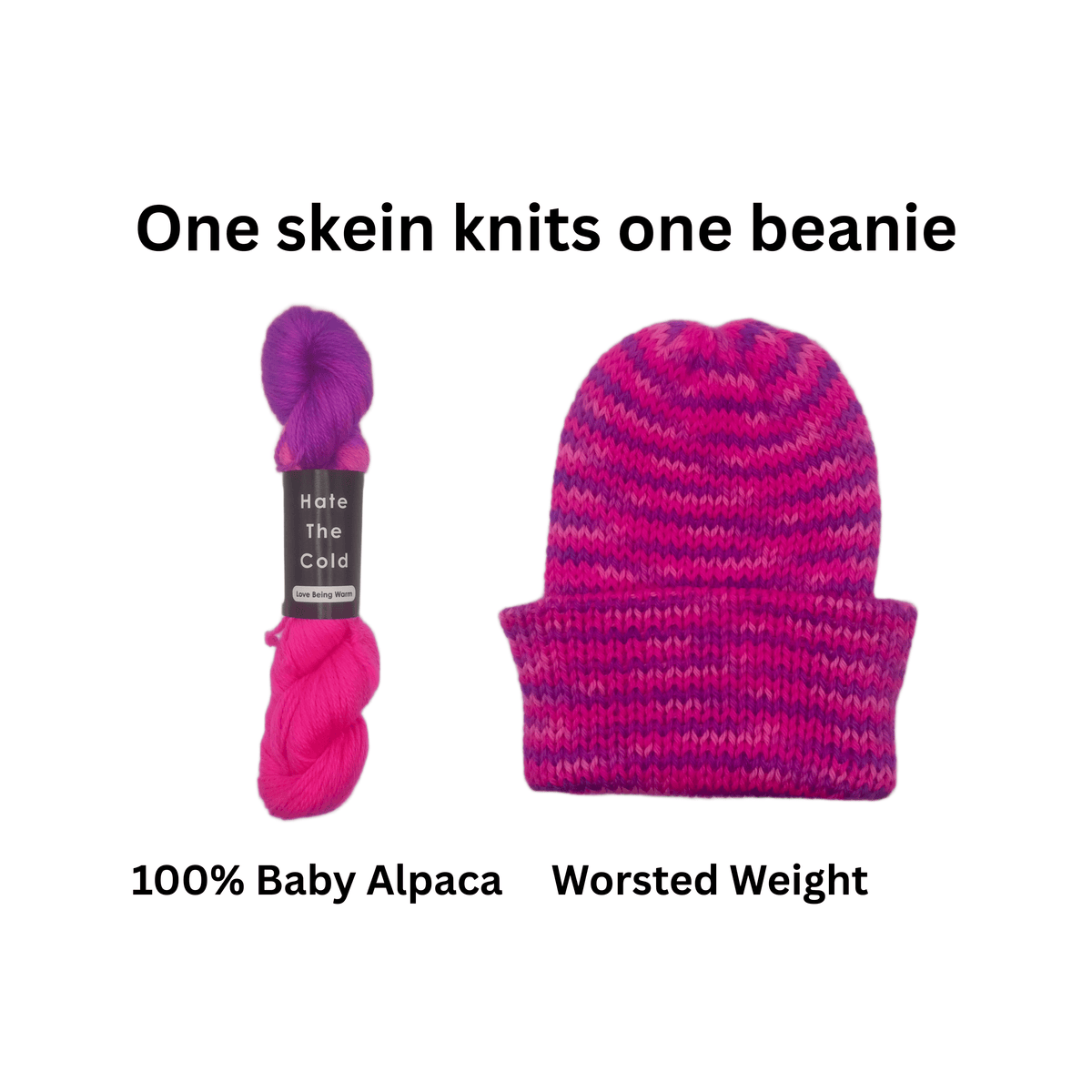 A skein of bright pink and purple yarn next to a matching knitted beanie hat on a white background, with text reading 'One skein knits one beanie' and '100% Baby Alpaca Worsted Weight'.