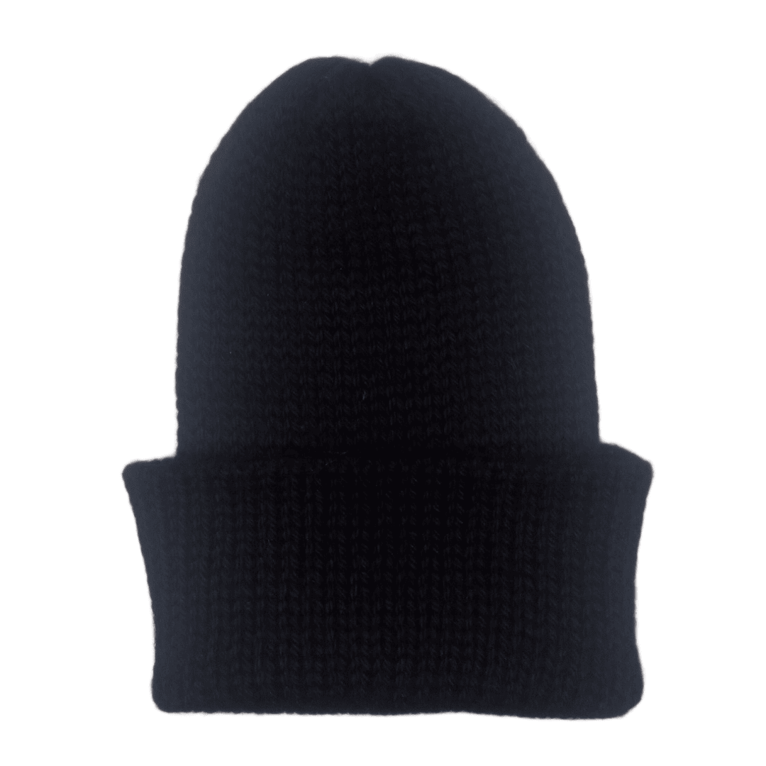 Black knit beanie on a white background