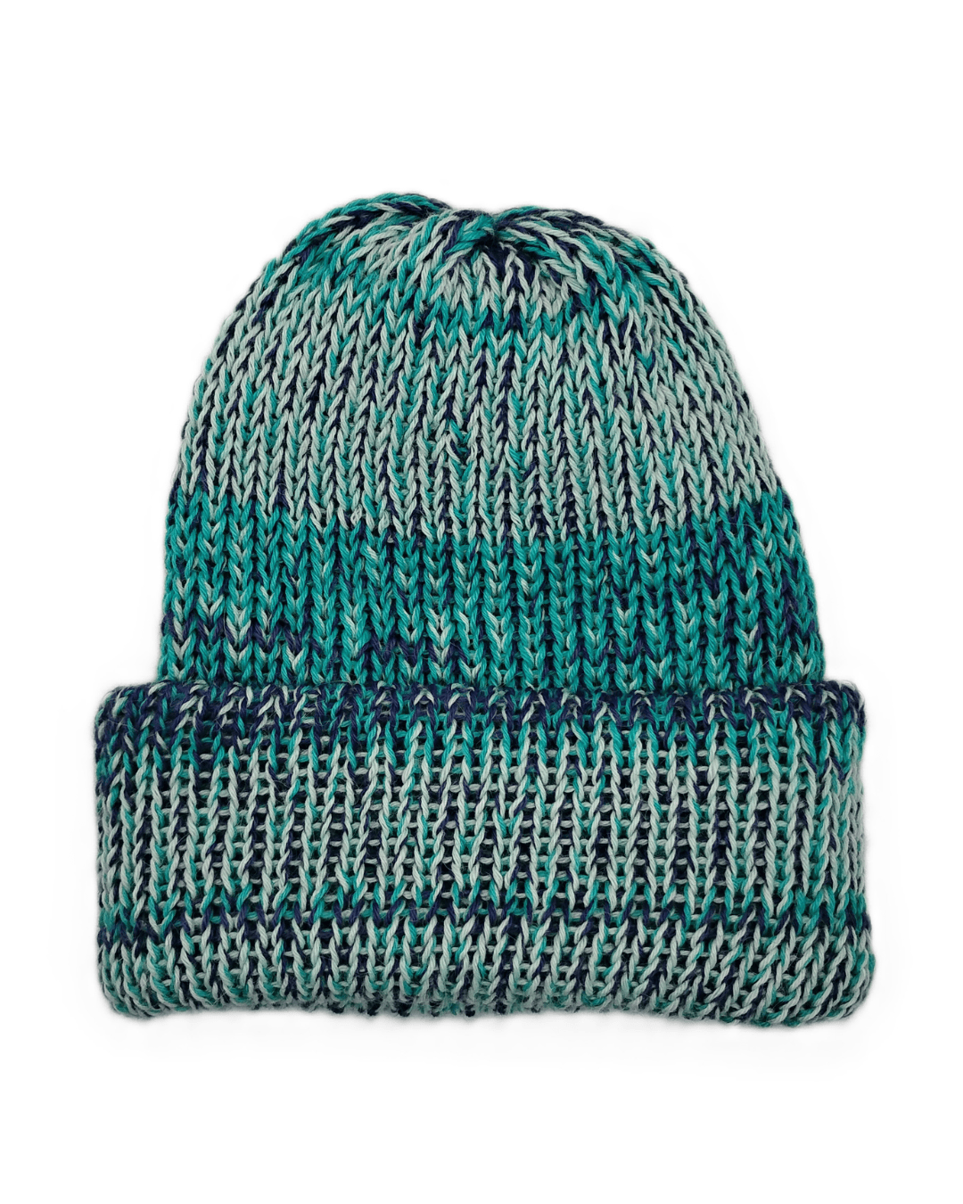100% baby alpaca beanie in three variegated shades of blue