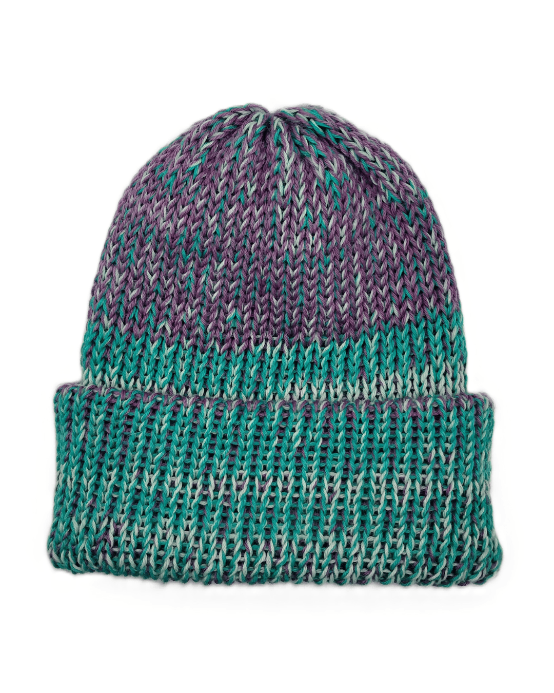 100% baby alpaca beanie in variegated blue, white, and purple