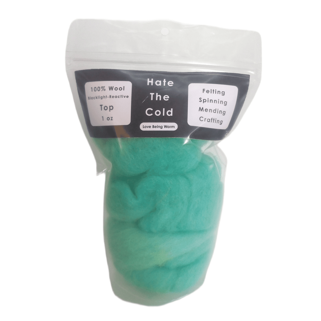 Packaged fluorescent blue felting wool top