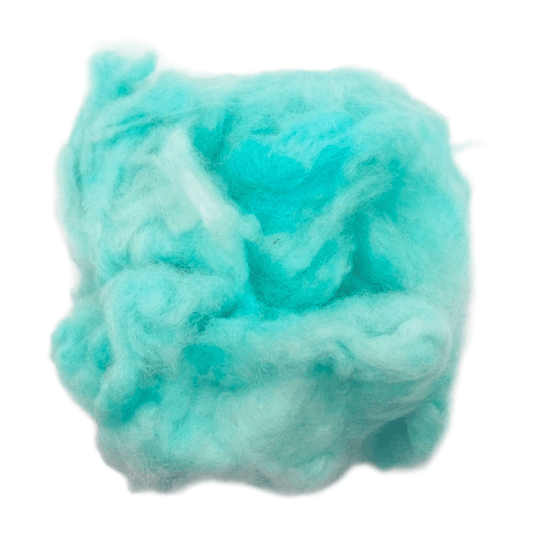Fluorescent blue wool roving on a white background