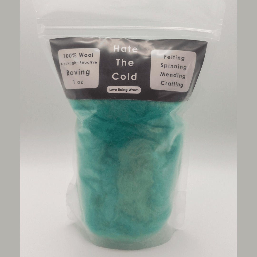 Fluorescent blue wool roving with a label on a white background