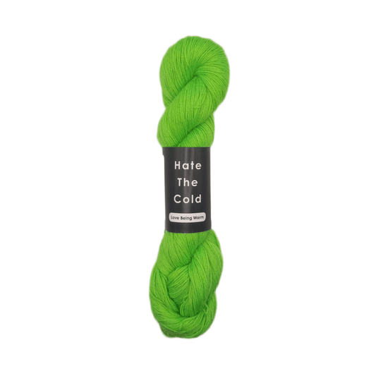 100% Peruvian baby alpaca yarn in fluorescent green, fingering weight.