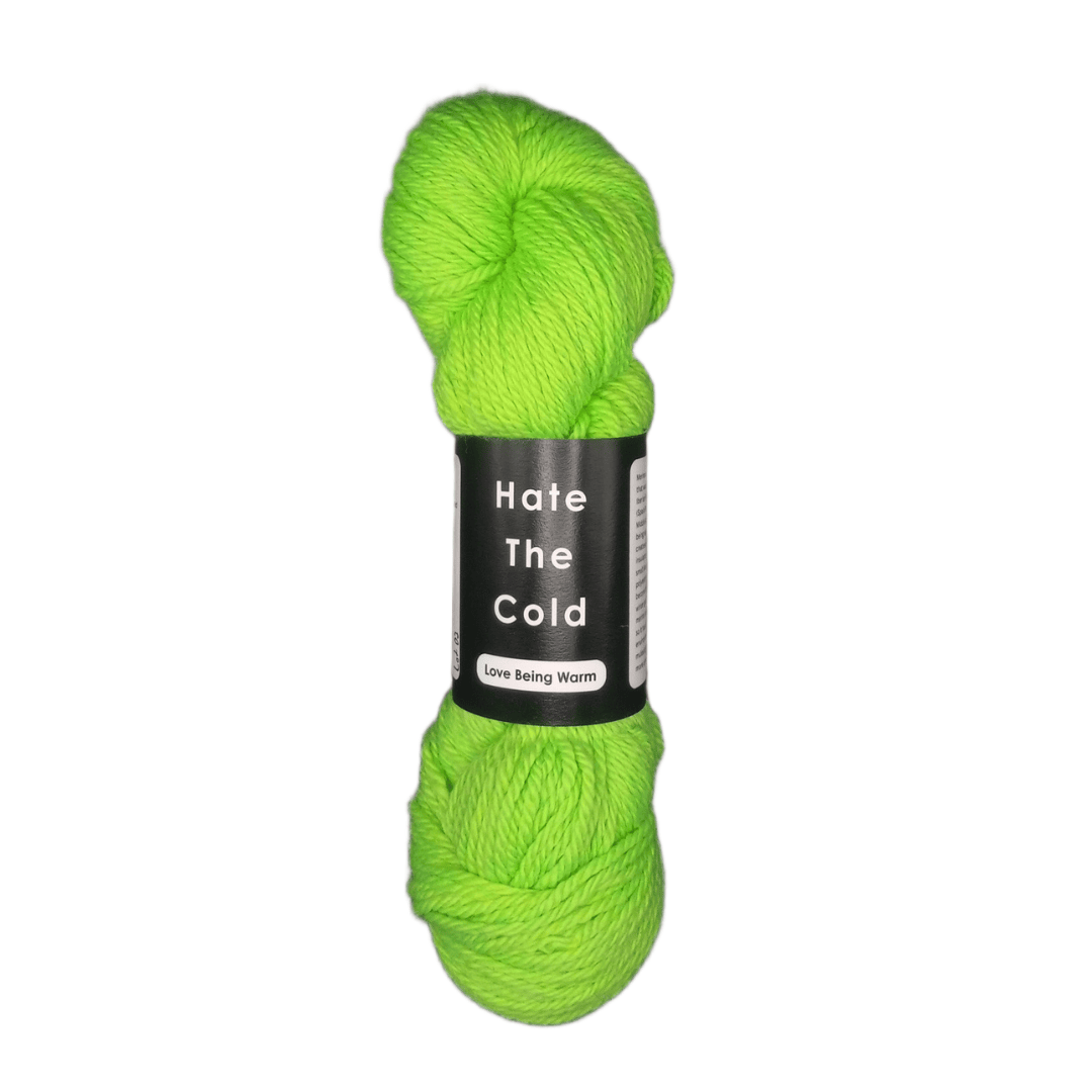Neon green skein of yarn with a label on a white background