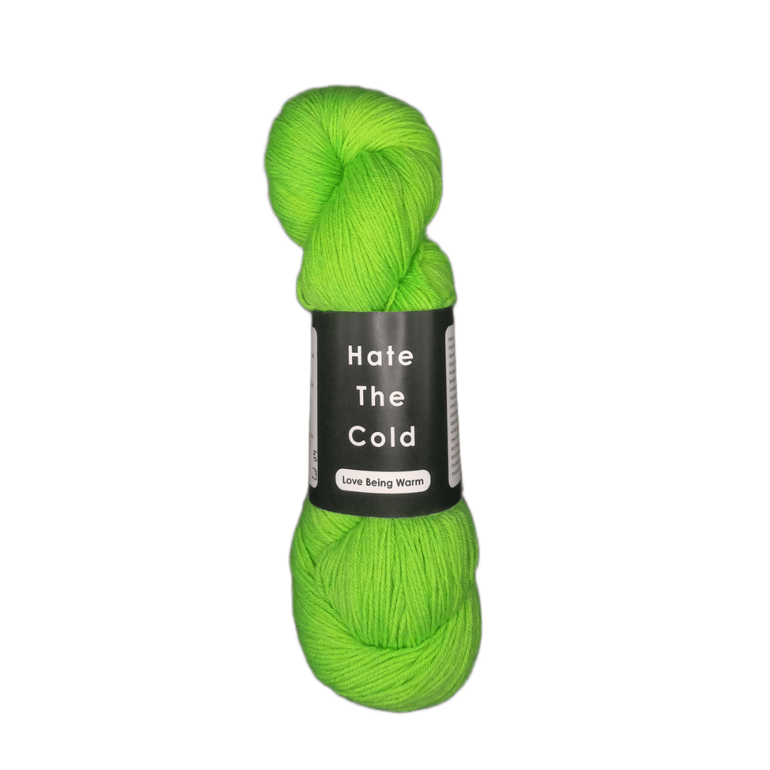 Neon green skein of yarn with a label on a white background
