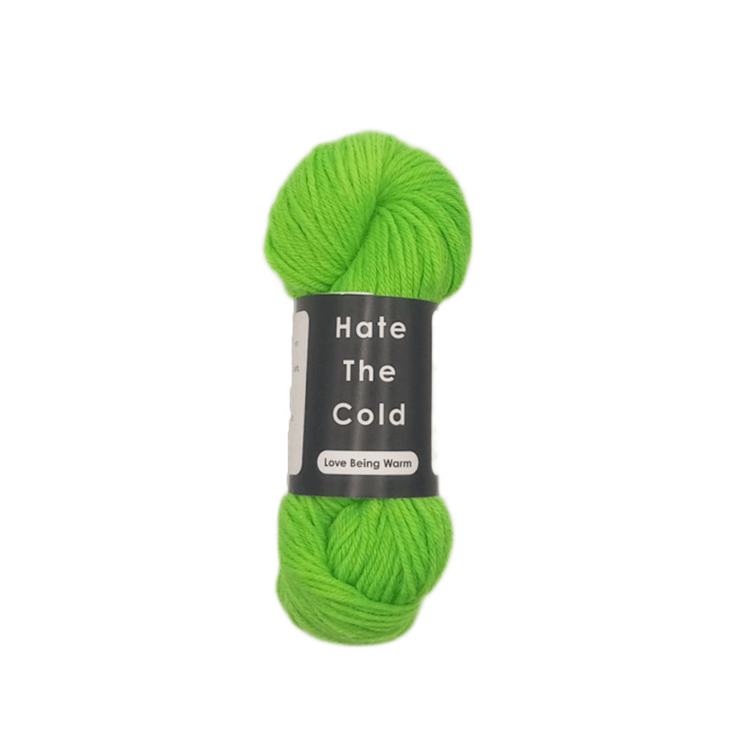 Green skein of yarn with a label on a white background