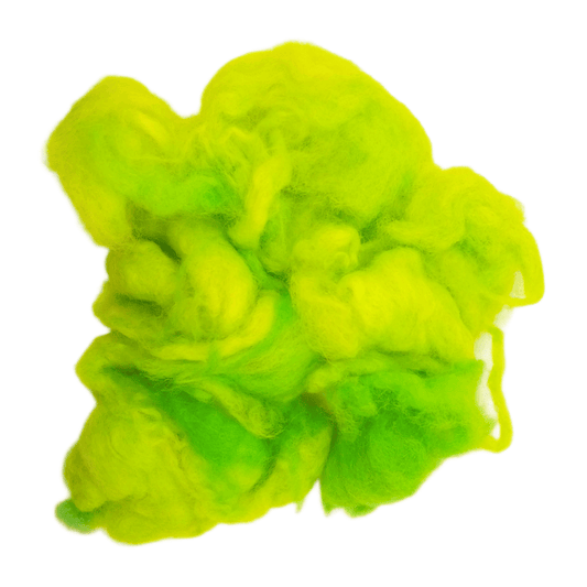 Fluorescent green wool roving on a white background