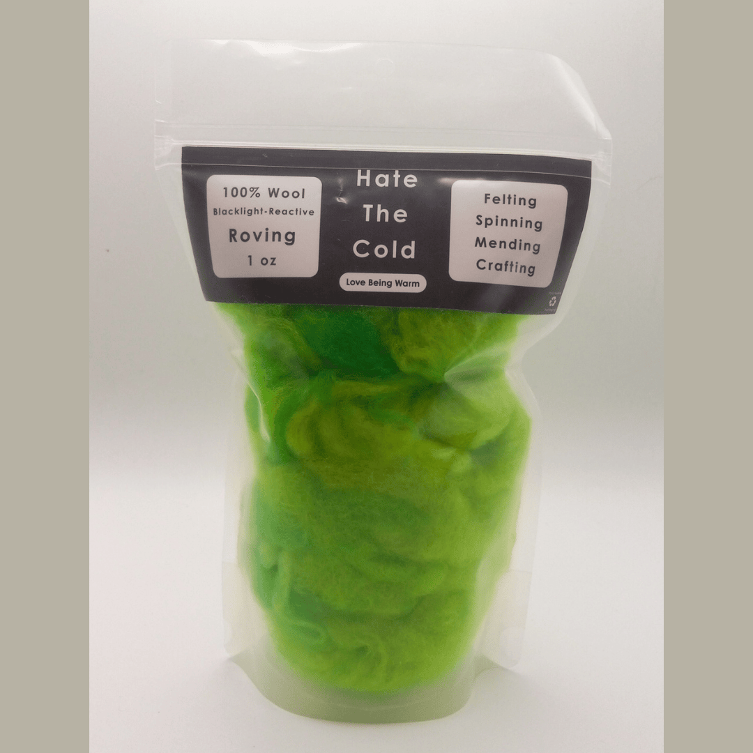 Fluorescent green wool roving in a clear bag with a label on a white background