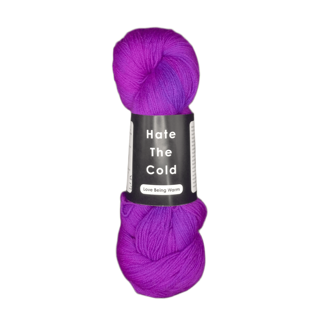 Neon purple skein of yarn with a label on a white background