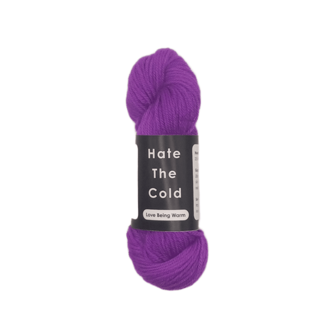 Purple skein of yarn with a label on a white background