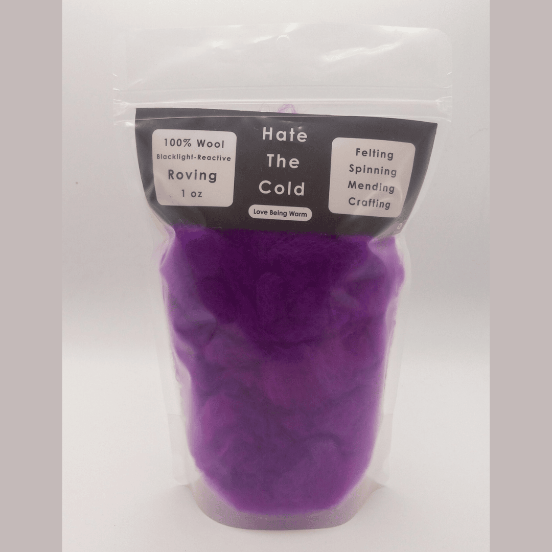 Fluorescent  purple wool roving in a clear package with a label on a white background