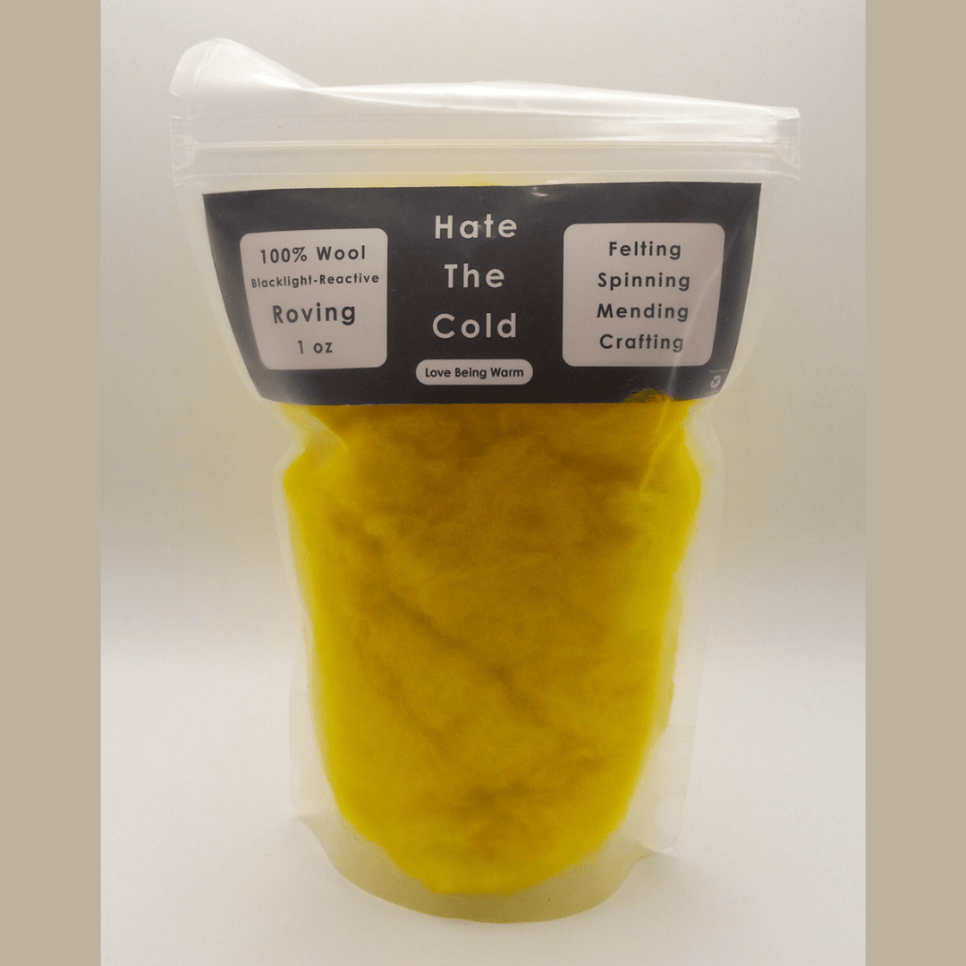 Fluorescent yellow wool roving with a label on a white background
