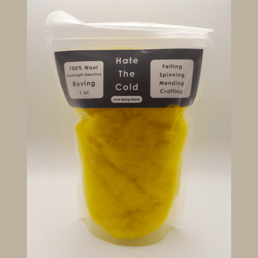 Fluorescent yellow wool roving with a label on a white background