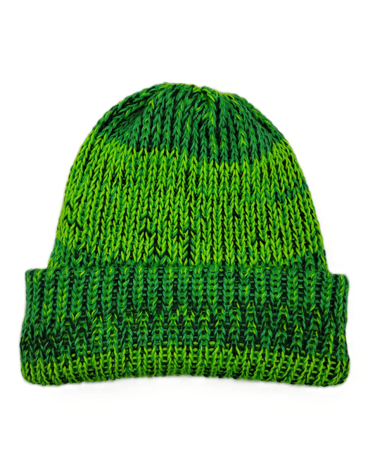 100% baby alpaca beanie in three shades of variegated green