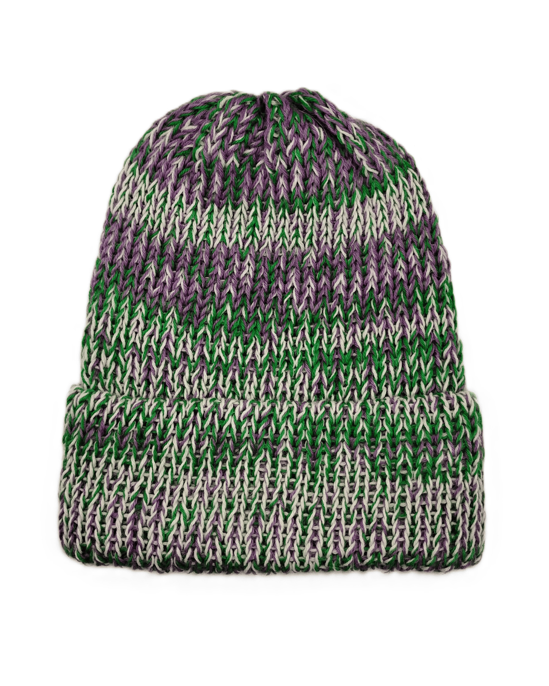 100% baby alpaca beanie in variegated green, white, and purple