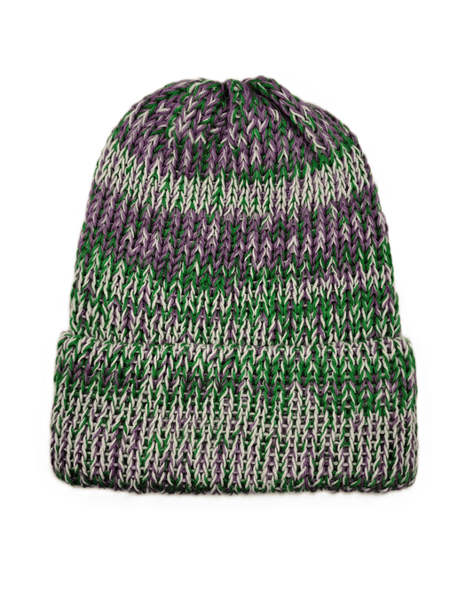 100% baby alpaca beanie in variegated green, white, and purple