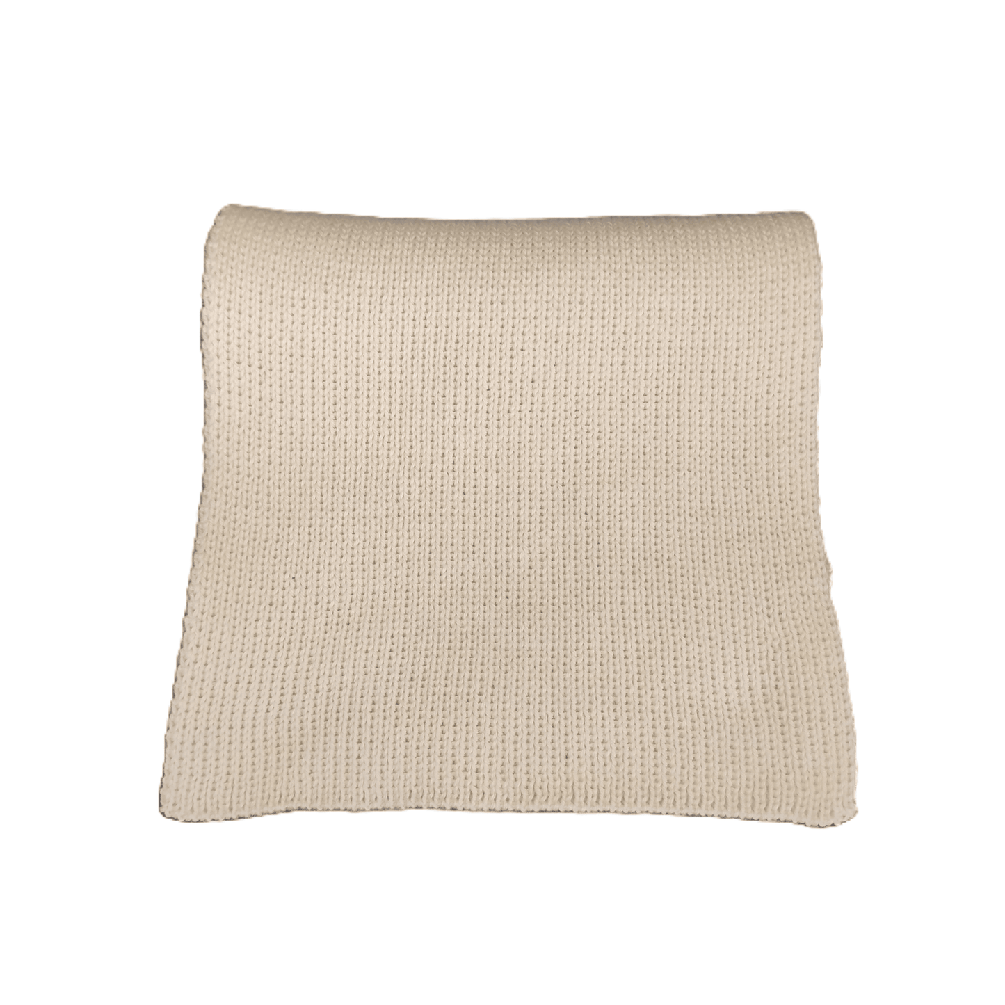 A folded natural white knit merino wool scarf against a plain white background.