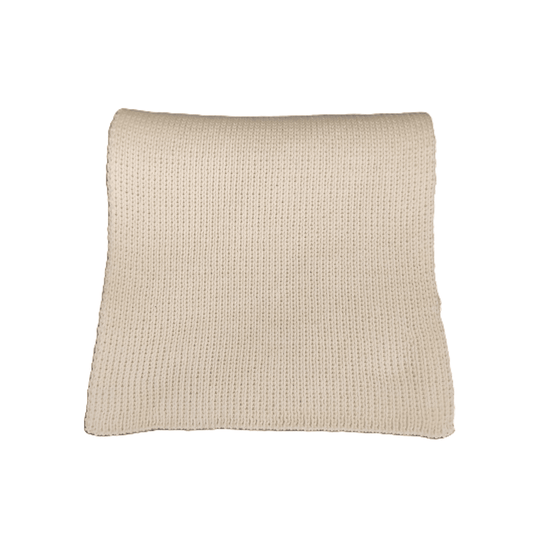 A folded natural white knit merino wool scarf against a plain white background.