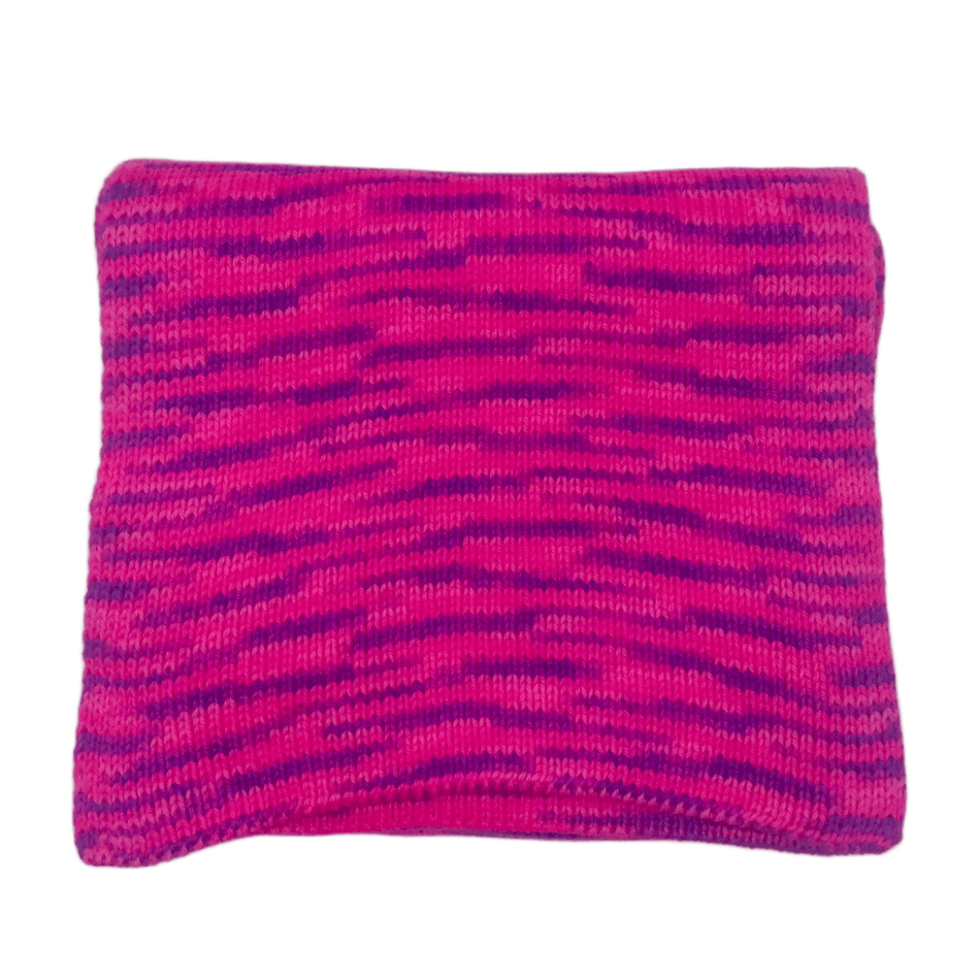 100% merino wool scarf in fluorescent pink with variegated purple stripes