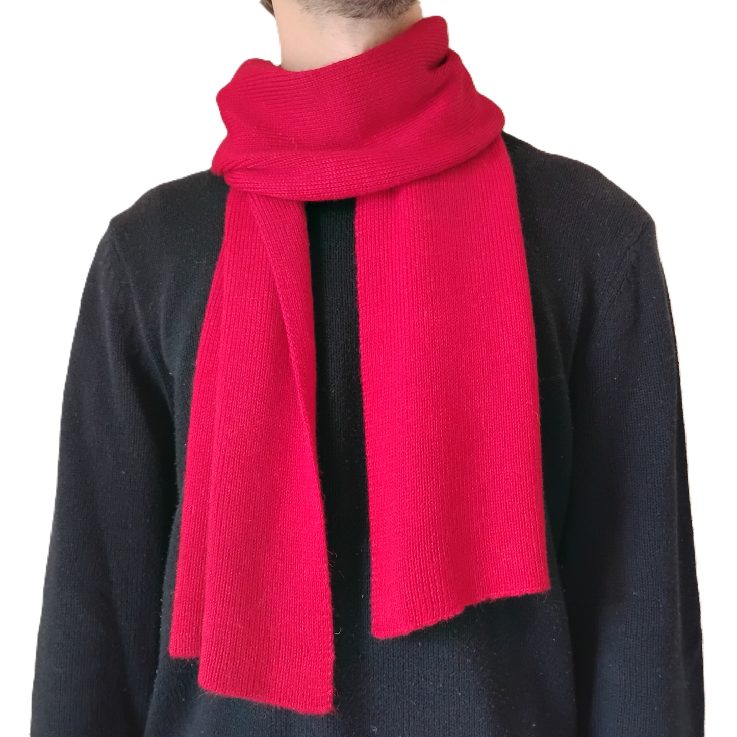 A red knit scarf wrapped around the neck of a person wearing a black sweater, shown against a plain white background.