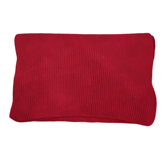 A folded red knit merino wool scarf against a plain white background.