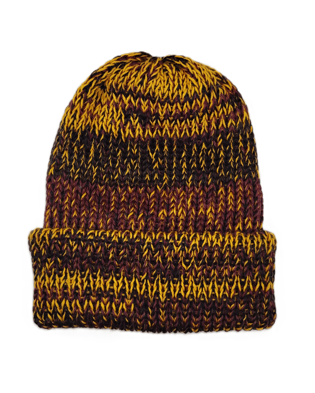 100% baby alpaca beanie in variegated yellow, maroon, and black