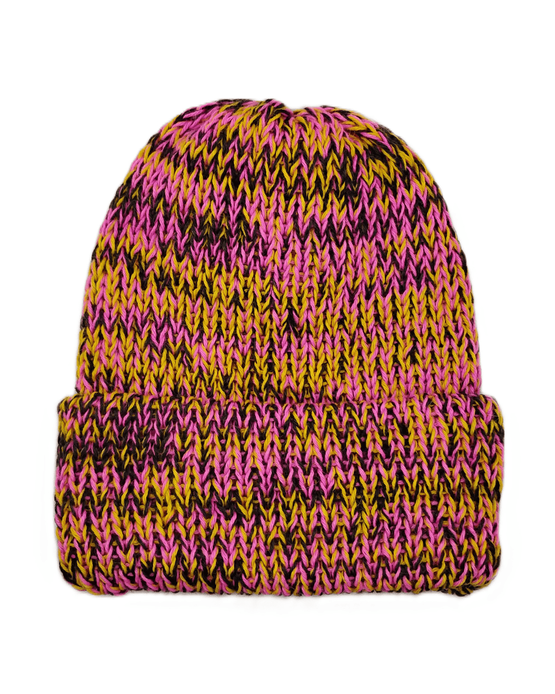 100% baby alpaca beanie in variegated yellow, pink, and charcoal